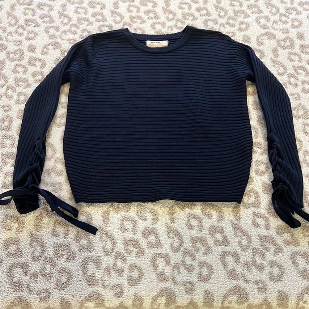 Navy Ribbed Sweater with Tie Sleeves. Size XS. Great Condition.